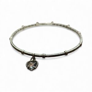 Judith Ripka Sterling Silver bangle with blue topaz heart charm EUC